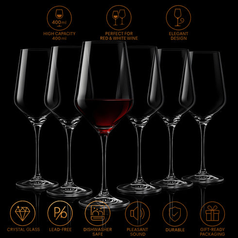 Wine Glasses x6 | 400ml Red / White Wine Glasses | Lead-Free